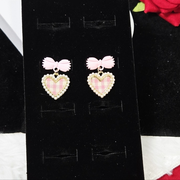 Pink Gingham Heart Dangle Earrings | Coquette Bow Pearl Valentine Studs Romantic - Picture 5 of 6